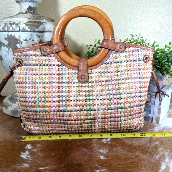 Fossil Pastel Basket Weave Straw Wood Handle Leather Trim - Picture 2 of 7